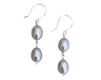 Gray Oval Freshwater Double Pearl Sterling Silver Handmade Earrings