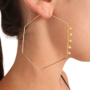 Honeycomb Hoop Earrings with Swarovski Crystals - 14k Gold FIlled 3 inch Large Hexagon Shaped Beehive Earrings