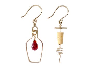 Wine Earrings: Garnet, Sterling Silver Bottle Corkscrew - Red Wine Lover Gift