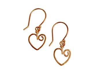 14k Rose Gold Heart Dangles- Small Hammered Earrings, Romantic Jewelry