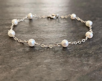Freshwater Pearl Bracelet: Sterling Silver Chain, Bridal Wedding Jewelry