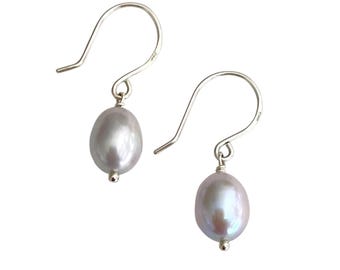Gray Oval Freshwater Pearl Sterling Silver Handmade Earrings