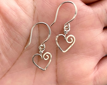 Small Sterling Silver Hammered Heart Dangle Earrings, Valentine's Day, Lightweight