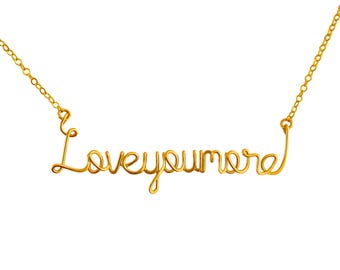 Gold 'Love You More' Necklace: 14k Gold Filled Wire Script
