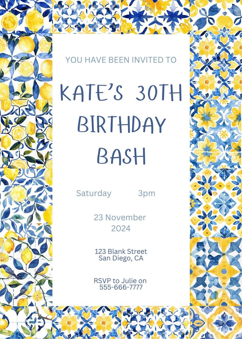 Editable Blue Tiles Lemon Birthday Invitation Template Canva Design ...
