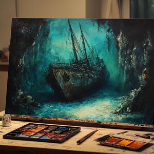 Ghost Ship Underwater Oil Painting | Sunken Shipwreck Canvas Art | Haunting Deep Sea Wall Decor | Fine Art Hand‑Painted Nautical Art Decor