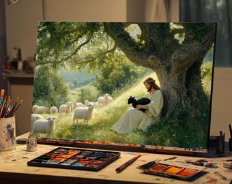 Puede incluir: Una pintura de un hombre sentado bajo un árbol con un cordero negro en sus brazos. Hay ovejas blancas en el fondo.