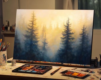 Fine Art Oil Painting | Misty Evergreen Forest Canvas | Foggy Pine Tree Wall Decor | Serene Nature Art | Ethereal Woodland Landscape Artwork