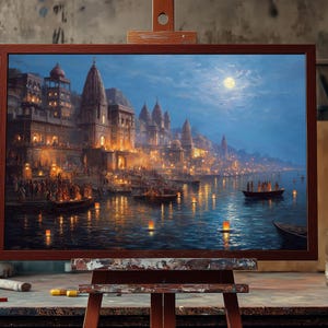 Fine Art Oil Painting Majestic Night at Varanasi Ghat | Hand-Painted Indian Spiritual Art | Ganges River Aarti Scene | Sacred Banaras Decor
