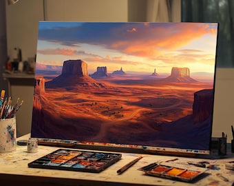 Fine Art Oil Painting | Monument Valley Sunset Canvas | Southwestern Desert Landscape Art | Arizona Utah Wall Decor | Red Rock Sunset Art