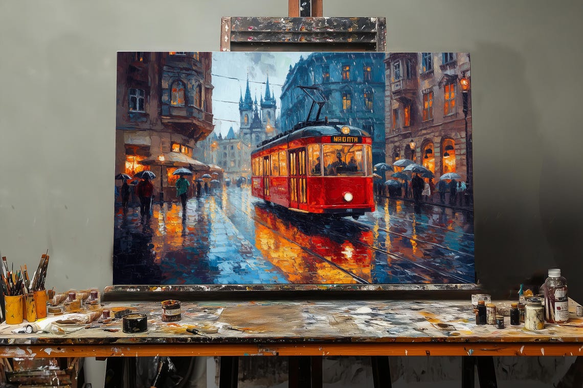 Vintage Prague Old Tram Oil Painting on Canvas | European Cityscape ...