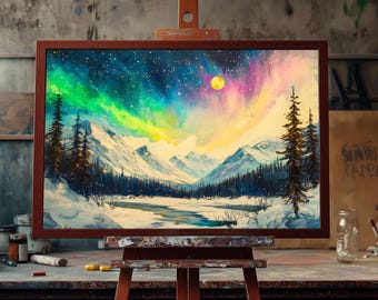 Northern Lights Oil Painting | Aurora Borealis Night Sky Canvas | Arctic Landscape Wall Art | Hand-Painted Celestial Winter Scene | Oil Art