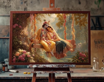 Fine Art Oil Painting Krishna Radha on Swing | Hand-Painted Hindu Art | Indian Spiritual Wall Decor | Divine Love Floral Artwork