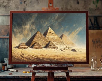 Egyptian Pyramids in Desert Landscape | Fine Art Oil Painting Inspired by Giza Wonders | Ancient Egypt Wall Decor for Home & Office Artwork