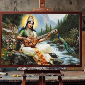 Hindu Goddess Saraswati Oil Painting | Hand-Painted Indian Deity Art | Spiritual Wall Decor | Veena & Lotus Canvas | Sacred Wisdom Artwork