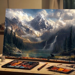 Fine Art Oil Painting Rocky Mountains Forest | Majestic Mountain & Waterfall Canvas Art | Tranquil Nature Wall Decor for Living Room, Cabin