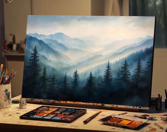 Fine Art Oil Painting | Misty Mountain Landscape Canvas | Foggy Forest Wall Decor | Serene Nature Art | Misty Mountain Wall Art | Oil Art