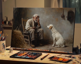 Fine Art Oil Painting Poor Old Man and Dog | Hand-Painted Emotional Realism Art | Rustic Street Life Wall Decor | Companion Scene Canvas Art