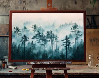 Pintura al óleo de bosque brumoso / Lienzo pintado a mano con paisaje de bosque brumoso / Arte mural de pino sereno / Escena de naturaleza tranquila / Hogar rústico