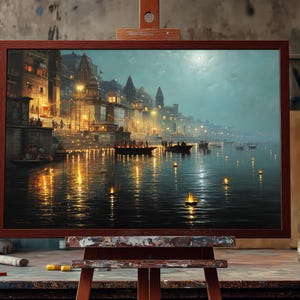 Fine Art Oil Painting Night at Varanasi Ghat | Hand-Painted Indian Spiritual Art | Ganges River Aarti Scene | Sacred Banaras Wall Decor Art