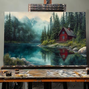 May include: A painting of a red cabin in the woods by a lake. The cabin has a white chimney and a wooden porch. The lake is surrounded by trees and mountains. The sky is blue and cloudy.