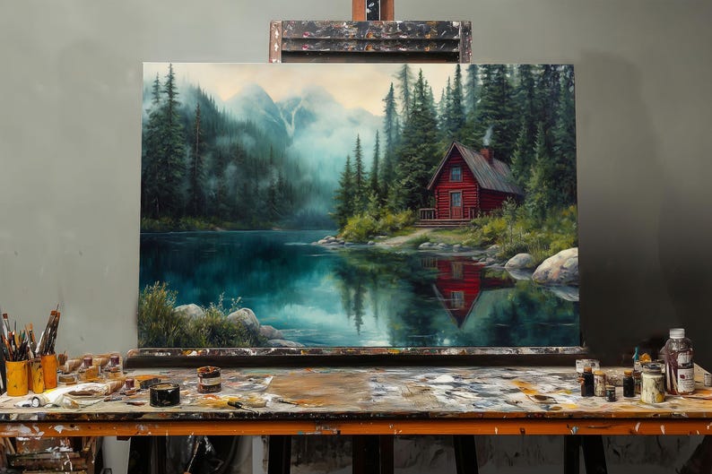 May include: A painting of a red cabin in the woods by a lake. The cabin has a white chimney and a wooden porch. The lake is surrounded by trees and mountains. The sky is blue and cloudy.