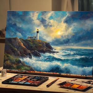 Fine Art Oil Oregon Lighthouse Painting on Canvas | Pacific Northwest Coastal Art | Dramatic Ocean Seascape Decor & Gift | Oil Artwork Decor