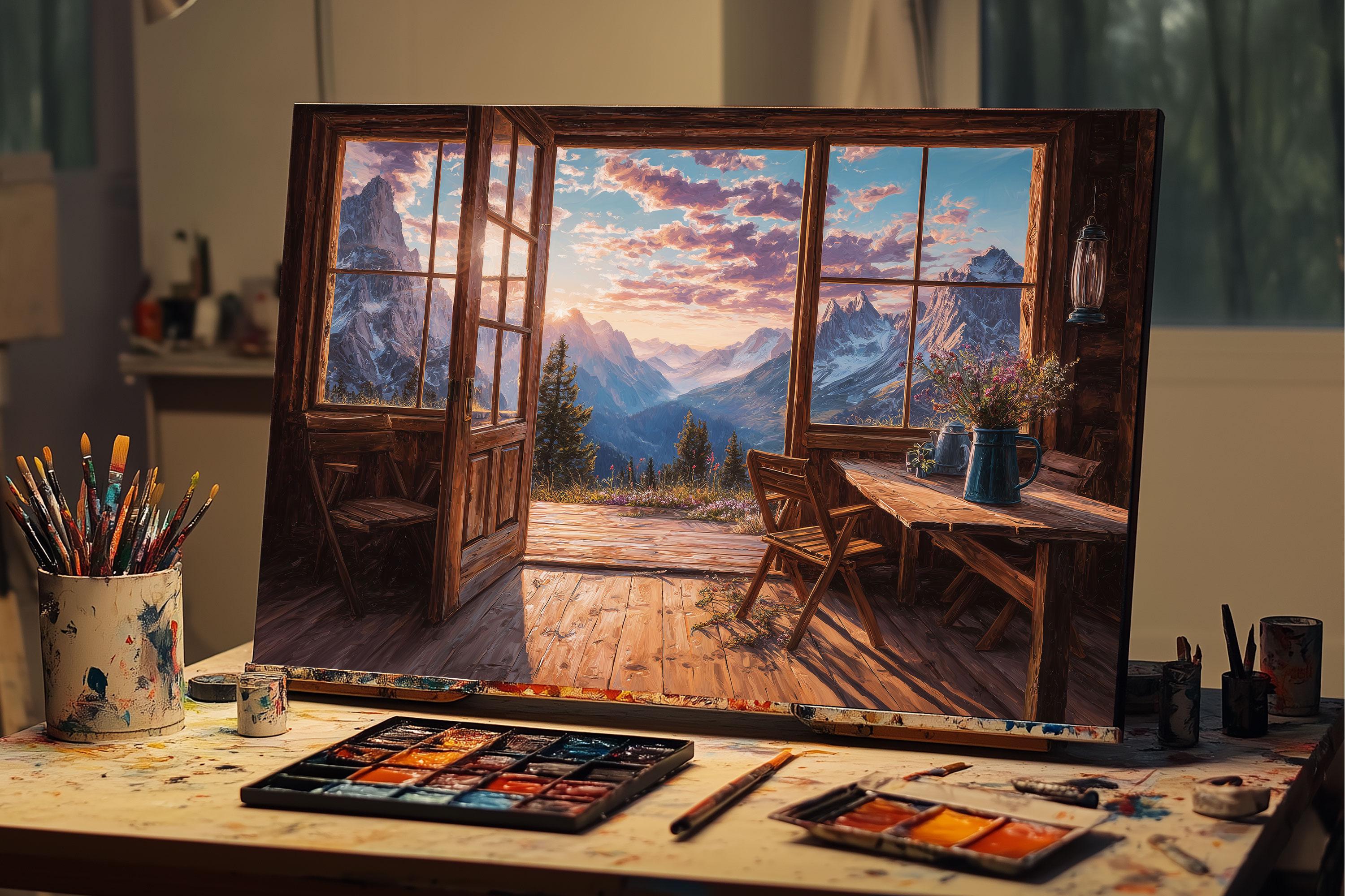 Oil Painting Cozy Mountain Cabin Window View | Rustic Wood Interior ...