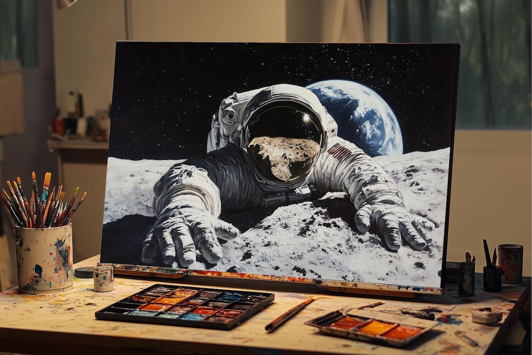 Astronaut on Moon Oil Painting | Moon Landing Space Canvas Art | NASA ...