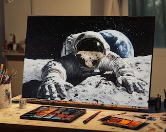 Astronaut on Moon Oil Painting | Moon Landing Space Canvas Art | NASA Space Exploration Decor | Fine Art Astronaut Wall Art Gift | Oil Art