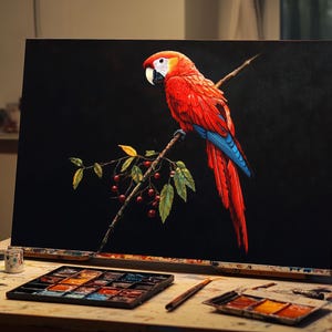 Fine Art Oil Painting Red Parrot on Black Background | Vibrant Tropical Bird Canvas Art | Bold Wall Decor for Living Room, Office | Oil Art