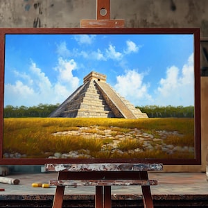 Temple of Kukulcán in Chichen Itza | Fine Art Oil Painting | Mayan Pyramid Wall Art | Hand-Painted Canvas | Ancient Mesoamerican Decor Art