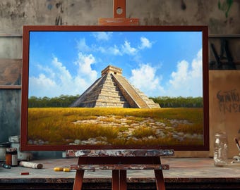 Temple of Kukulcán in Chichen Itza | Fine Art Oil Painting | Mayan Pyramid Wall Art | Hand-Painted Canvas | Ancient Mesoamerican Decor Art