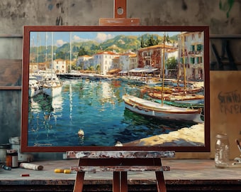 Mediterranean Harbor by the Sea | Fine Art Oil Painting of Coastal Boats & Scenic Harbor | Tranquil Nautical Wall Decor for Home and Office