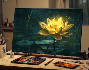 Golden Lotus Oil Painting | Gold Lotus Canvas Art | Zen Floral Wall Decor | Spiritual Meditation Flower Art | Fine Art Hand‑Painted Decor
