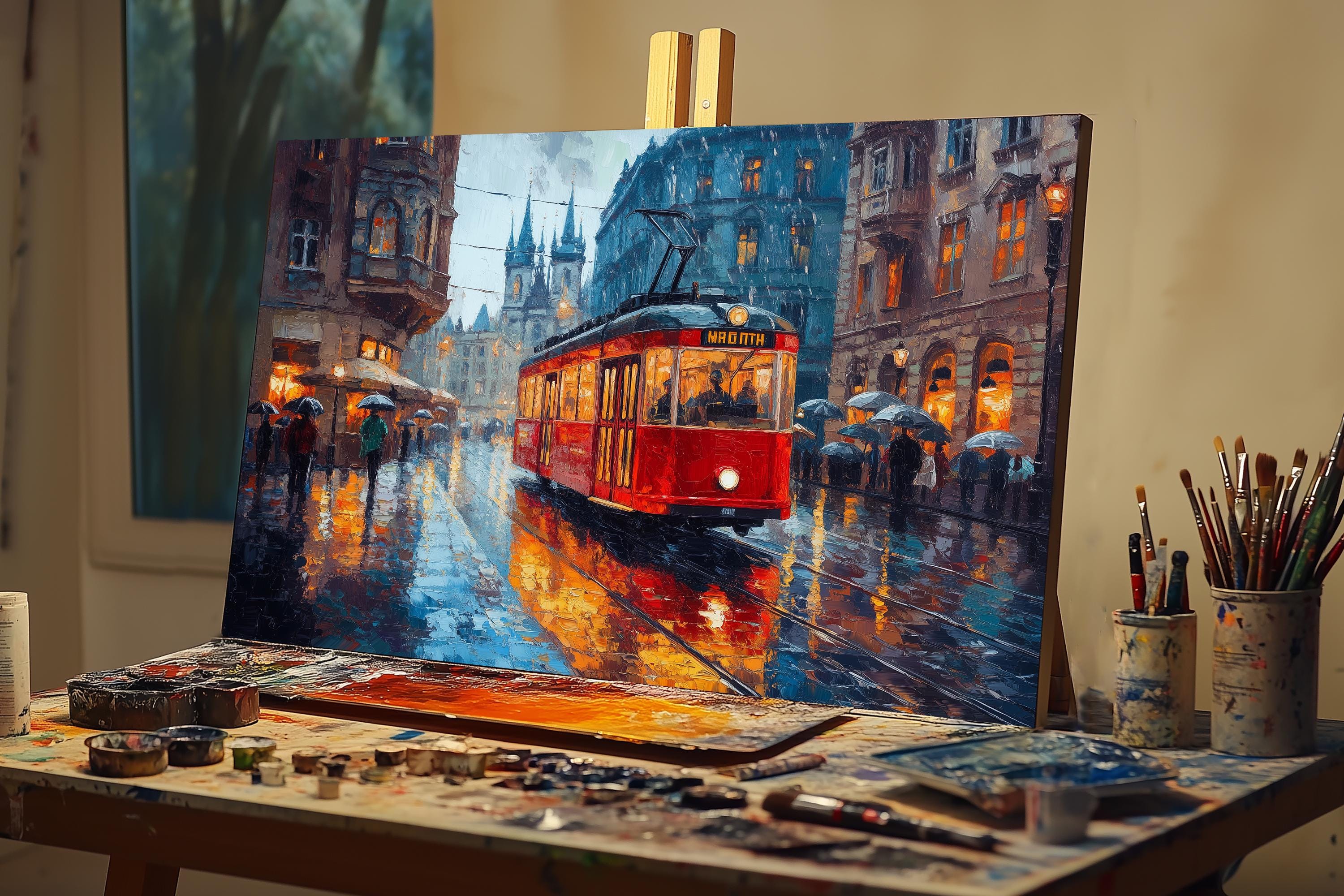 Vintage Prague Old Tram Oil Painting on Canvas | European Cityscape ...
