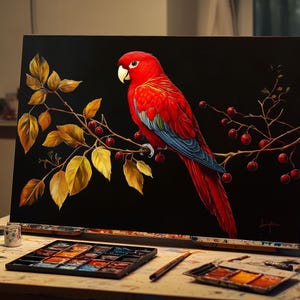 Fine Art Oil Painting Red Parrot on Golden Branch | Vibrant Tropical Bird Canvas Art | Bold Wall Decor for Living Room, Office, Bird Lovers