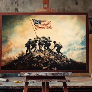 Iwo Jima Flag Raising Oil Painting | WWII US Marines Canvas Art | Patriotic Military Wall Decor | American War History Artwork | Oil Artwork