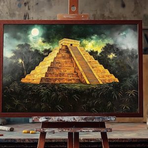 May include: A painting of a golden Mayan pyramid in a jungle setting under a full moon. The pyramid has steps leading up to the top, and there are trees and foliage surrounding it.