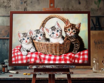 Gatitos en una cesta / Pintura al óleo de bellas artes / Arte mural vintage de gatos / Decoración de animales estilo cottagecore / Lienzo de gatitos caprichosos / Pintado a mano