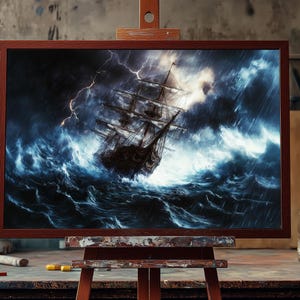 May include: A framed painting of a ship sailing through a stormy sea with lightning in the background. The ship is dark and the sea is a deep blue with white waves.