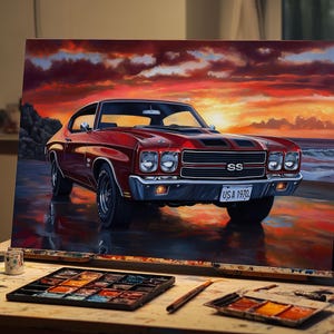 Fine Art Oil Painting 1970 Chevrolet Chevelle SS | Hand-Painted Muscle Car Art | Classic American Auto Wall Decor | Vintage Chevy Artwork