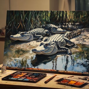 Fine Art Alligator Oil Painting | Hand-Painted Swamp Wildlife Art | Reptile Wall Decor | Unique Gator Artwork | Southern Nature Scene Art