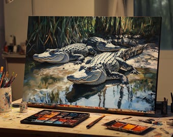 Fine Art Alligator Oil Painting | Hand-Painted Swamp Wildlife Art | Reptile Wall Decor | Unique Gator Artwork | Southern Nature Scene Art