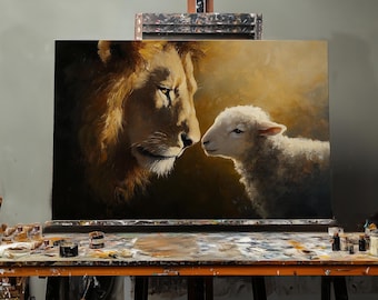 Fine Art Oil Painting Lion and Lamb Religious Scene | Hand-Painted Christian Art | Symbolic Peace Wall Decor | Faith-Inspired Canvas Artwork