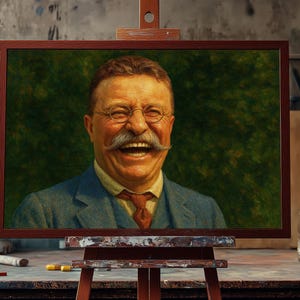 May include: A framed portrait of a man with a mustache and glasses, laughing with his mouth open. He is wearing a blue suit and a tie. The painting is on an easel in front of a brick wall.