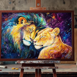Majestic Lion and Lioness Oil Painting | Hand-Painted African Wildlife Canvas Art | Regal Big Cat Couple Wall Decor | Safari Animal Accent