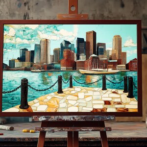Boston Cityscape Sunny Day | Fine Art Oil Painting of Boston Harbor & Skyline Art | Bright Urban Seaport Wall Decor for Home or Office Art