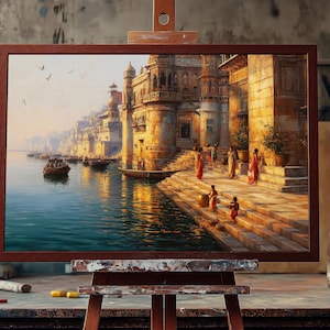Fine Art Oil Painting Sacred Ghats of Varanasi | Hand-Painted Indian Spiritual Art | Ganges River Scene | Banaras Cultural Wall Decor Art