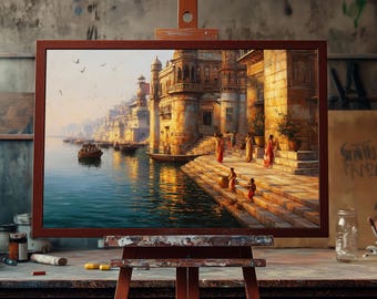 Fine Art Oil Painting Sacred Ghats of Varanasi | Hand-Painted Indian Spiritual Art | Ganges River Scene | Banaras Cultural Wall Decor Art